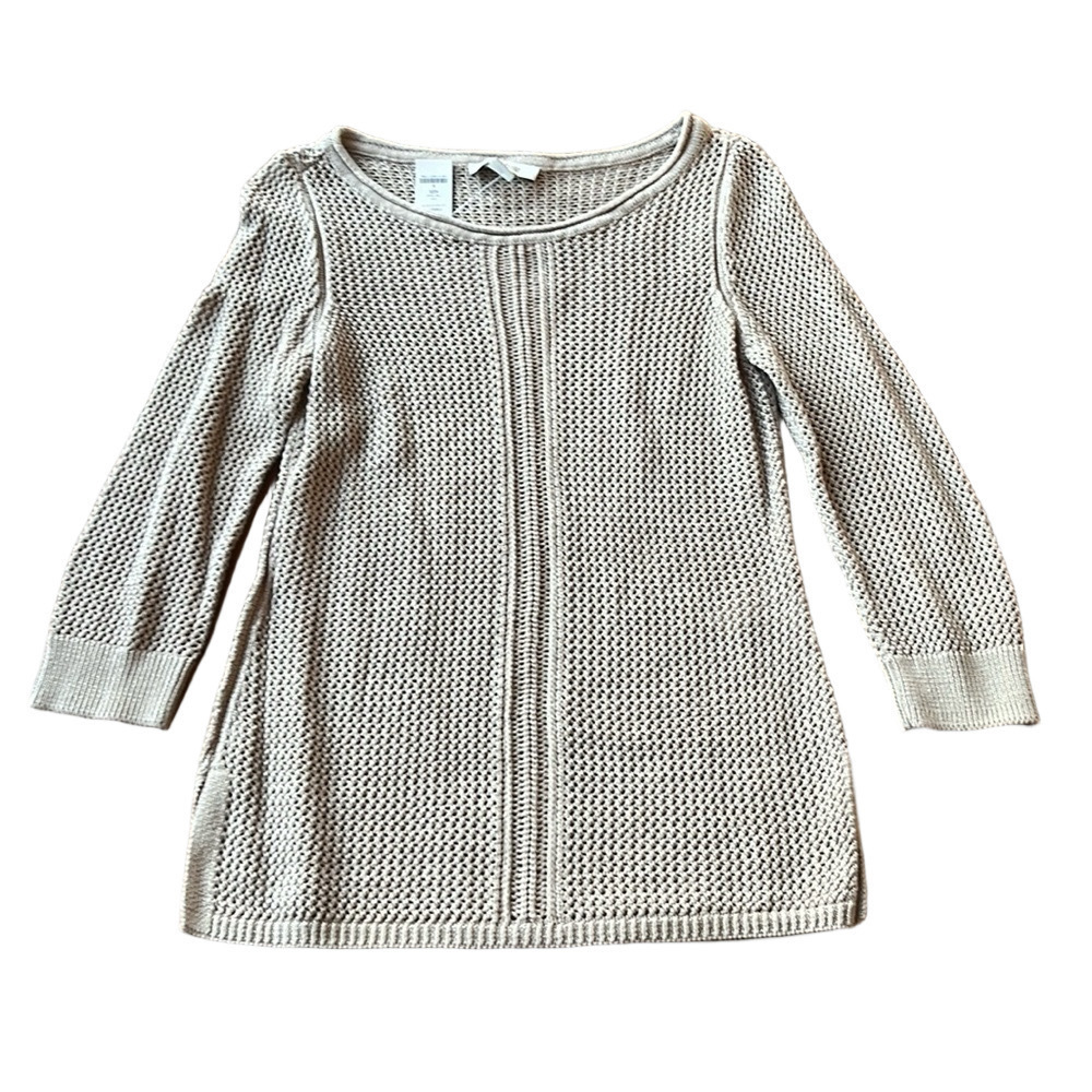 NEW WHBM Open Knit 3/4 Sleeve Taupe Sweater - Size Small